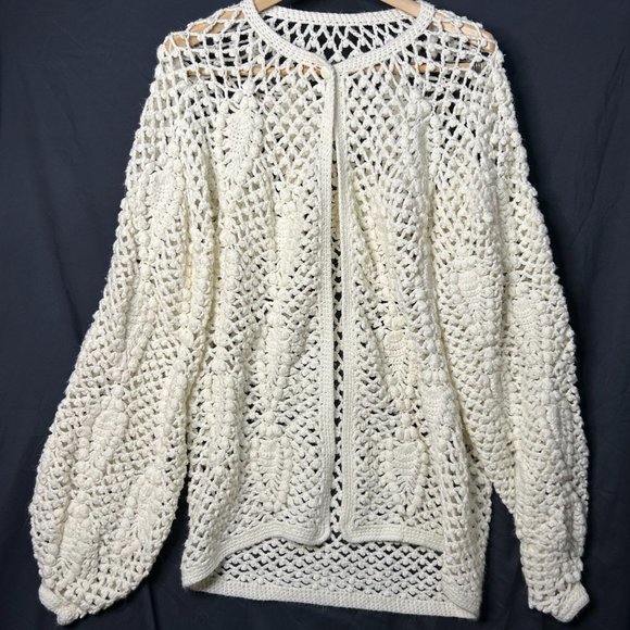 Sweaters - Loose Knit Women's Cardigan White Baggy Size Large Oversized